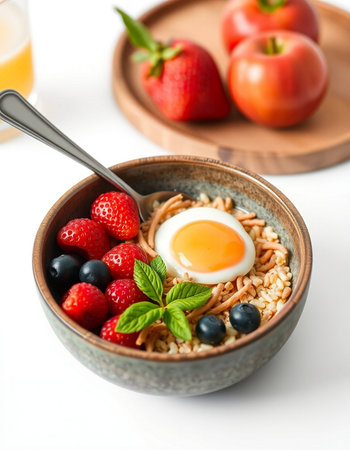 Oatmeal porridge with fresh berries and egg in bowl on white background