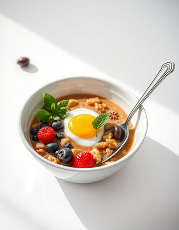 Breakfast with oatmeal, berries and fried egg on white backgroundの写真素材