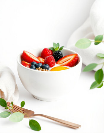Healthy breakfast with fresh berries and yogurt on a white background.