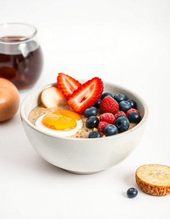 Oatmeal porridge with fresh berries and egg on a white backgroundの写真素材