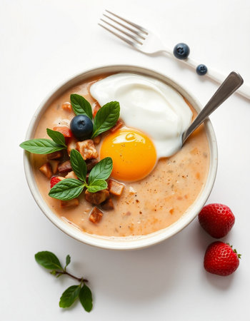 Creamy oatmeal porridge with blueberries, strawberries and eggの写真素材