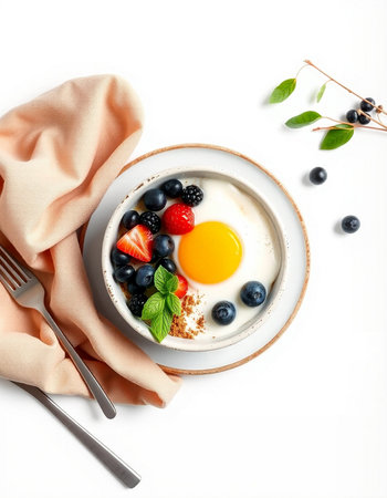 Fried eggs with fresh berries in a bowl on a white backgroundの写真素材