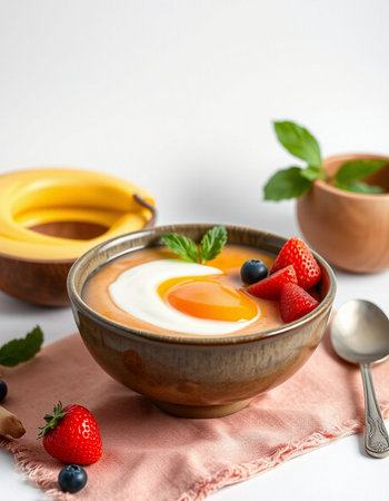Yogurt with strawberries and blueberries in a wooden bowl on a white backgroundの写真素材