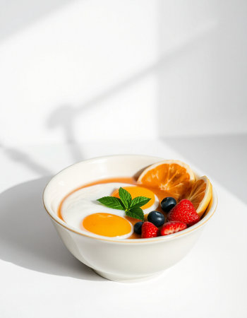 Yogurt with strawberries, blueberries and oranges on a white backgroundの写真素材