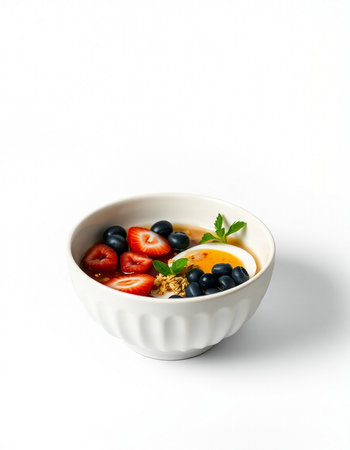 Yogurt with fresh berries in a bowl on a white backgroundの写真素材