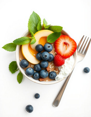 Healthy breakfast bowl with oatmeal, fresh berries and yogurt on white background