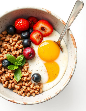 Bowl of tasty breakfast with cornflakes, berries and eggの写真素材