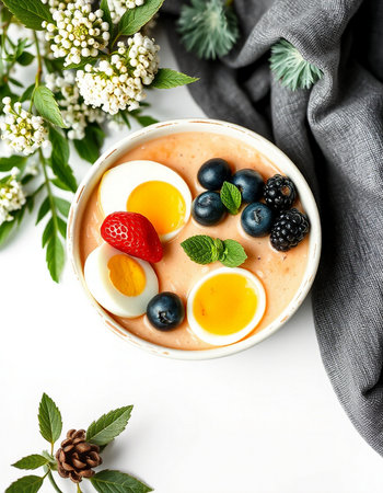 Healthy breakfast bowl with oatmeal porridge, fresh berries on white backgroundの写真素材