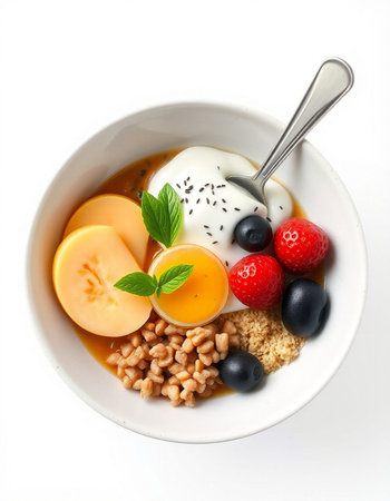bowl of oatmeal with fruits and yogurt, isolated on white backgroundの写真素材