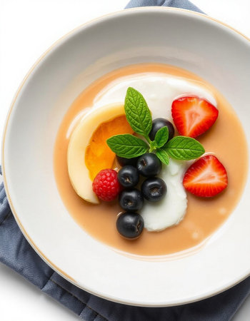 Panna cotta with fresh berries and yogurt on a white plateの写真素材
