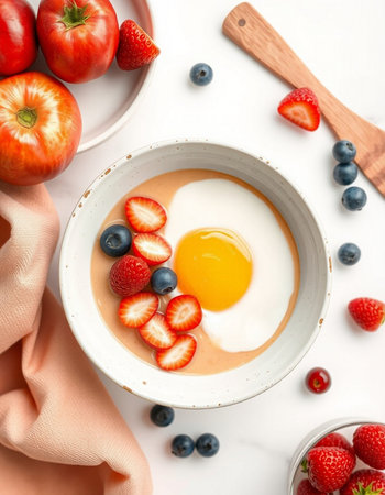 Bowl with tasty breakfast on white table, top view. Healthy foodの写真素材