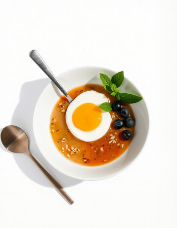 Tomato soup with egg and blueberries on a white background.の写真素材