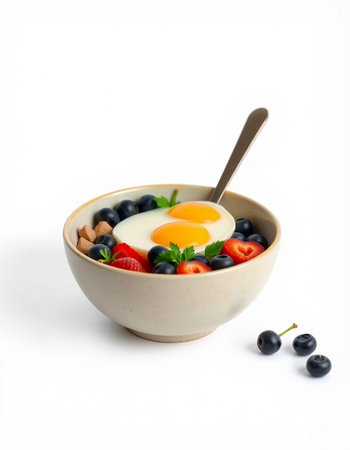 Breakfast with omelet, berries and eggs on white backgroundの写真素材