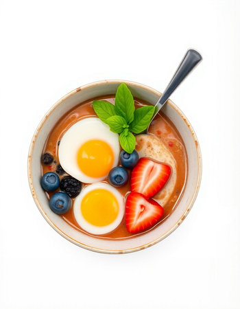 Red soup with eggs, blueberries and strawberries isolated on white background