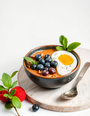 Healthy breakfast bowl with yogurt, berries and egg on white backgroundの写真素材