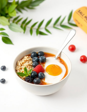 Healthy breakfast with oatmeal, berries and egg on a white backgroundの写真素材