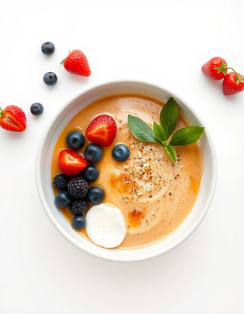 Creamy smoothie bowl with berries and yogurt on white backgroundの写真素材