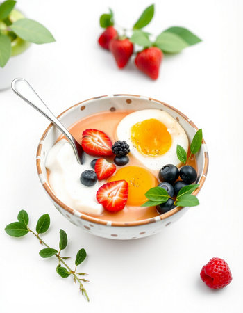 Healthy breakfast with yogurt, berries and eggs on a white backgroundの写真素材