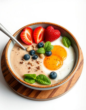 Breakfast bowl with oatmeal, strawberries, blueberries and mint