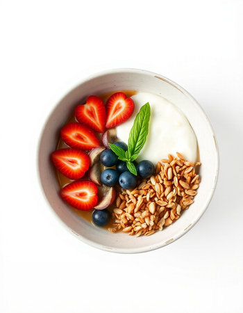 Healthy breakfast bowl with yogurt, berries and granola isolated on white backgroundの写真素材