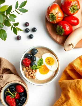 Healthy breakfast bowl with omelette eggs, berries and nuts on white backgroundの写真素材