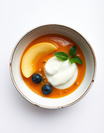 Caramel sauce with yoghurt and blueberriesの写真素材
