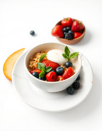 Oatmeal with fresh berries and yoghurt on a white background