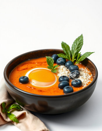 Tomato soup with blueberries in a bowl
