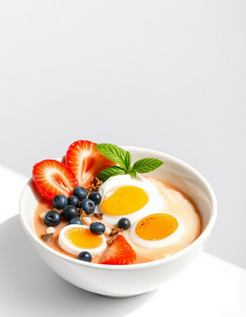 Healthy breakfast with yogurt, eggs and berries in bowl on white backgroundの写真素材