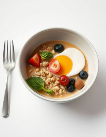 A bowl of oatmeal porridge with fresh berries and an eggの写真素材