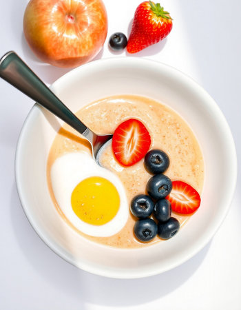 Healthy breakfast with oatmeal, berries and egg on a white backgroundの写真素材