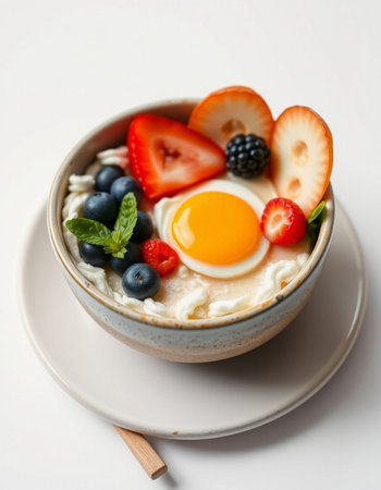 Bowl of oatmeal with berries and fried egg on white backgroundの写真素材