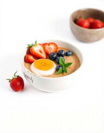 Cup of chocolate mousse with strawberry, blueberry and eggの写真素材