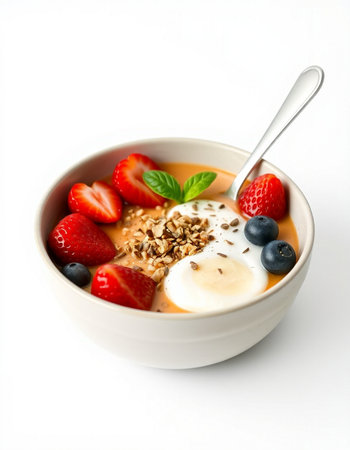 Yogurt with granola and fresh berries in bowl on white backgroundの写真素材