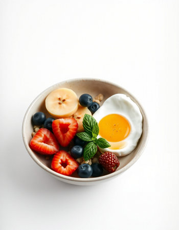 Bowl of oatmeal with berries and egg on white backgroundの写真素材