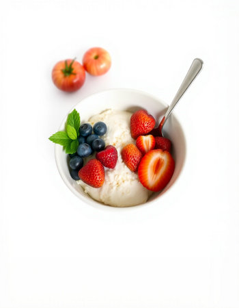 yogurt with fresh strawberries and blueberries on a white backgroundの写真素材