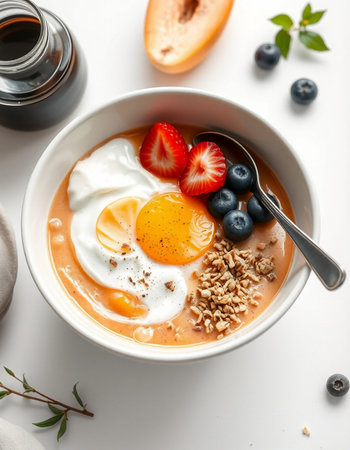 Bowl with tasty breakfast on white table, top view. Healthy foodの写真素材