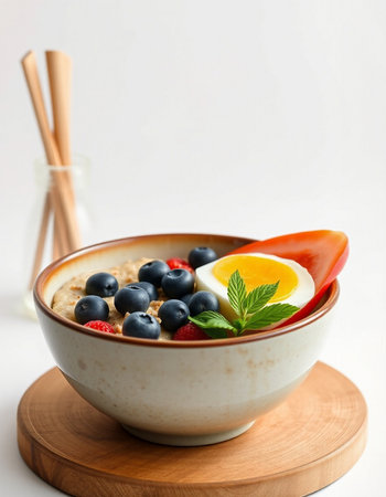 Oatmeal porridge with blueberries and strawberries in a bowl on a white backgroundの写真素材