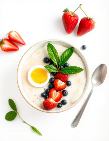 yogurt with fresh berries and egg on white background, top view