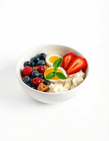 Healthy breakfast with fresh berries in a bowl on a white backgroundの写真素材