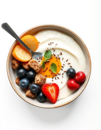 Healthy breakfast with yogurt, berries and cereals isolated on white backgroundの写真素材