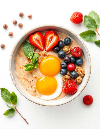 Oatmeal porridge with berries and egg, healthy breakfast, top viewの写真素材
