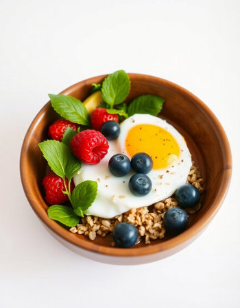Healthy breakfast with oatmeal, berries and fried egg on white backgroundの写真素材