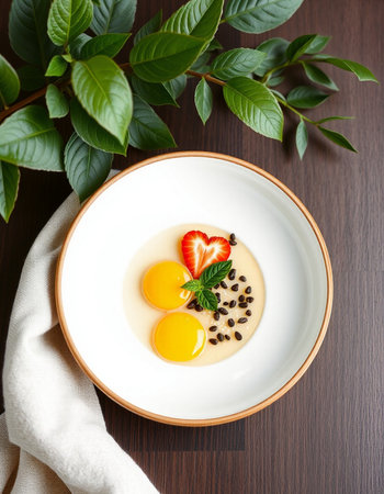 Dessert with strawberries and egg yolks on a white plateの写真素材