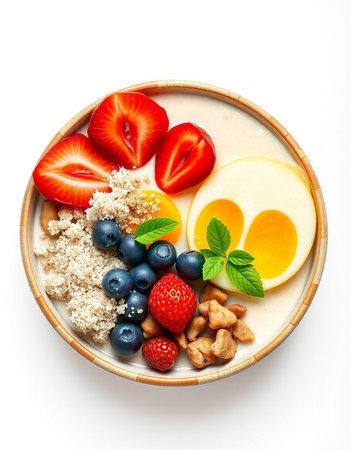 Bowl of oatmeal with fruits and nuts isolated on white backgroundの写真素材