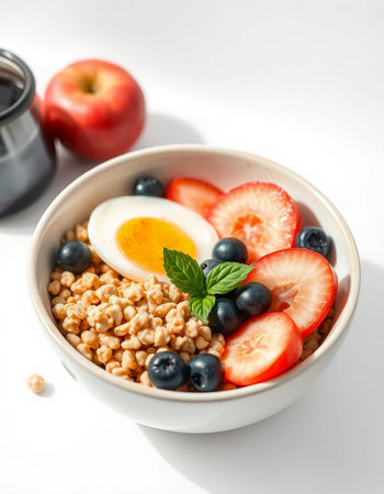 Healthy breakfast with oatmeal, fresh berries and egg on white backgroundの写真素材