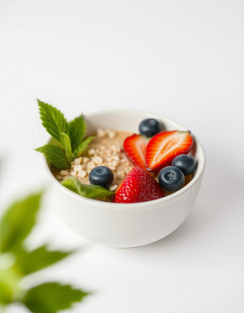 Healthy breakfast with oatmeal, fresh berries and mint on a white backgroundの写真素材