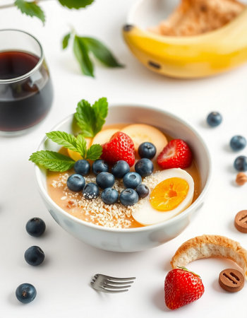 Healthy breakfast with oatmeal porridge with berries and fruits.の写真素材