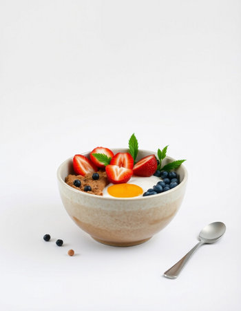 Healthy breakfast with oatmeal, berries and egg on white backgroundの写真素材
