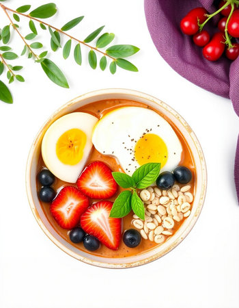 Oatmeal porridge with berries and egg in bowl on white background